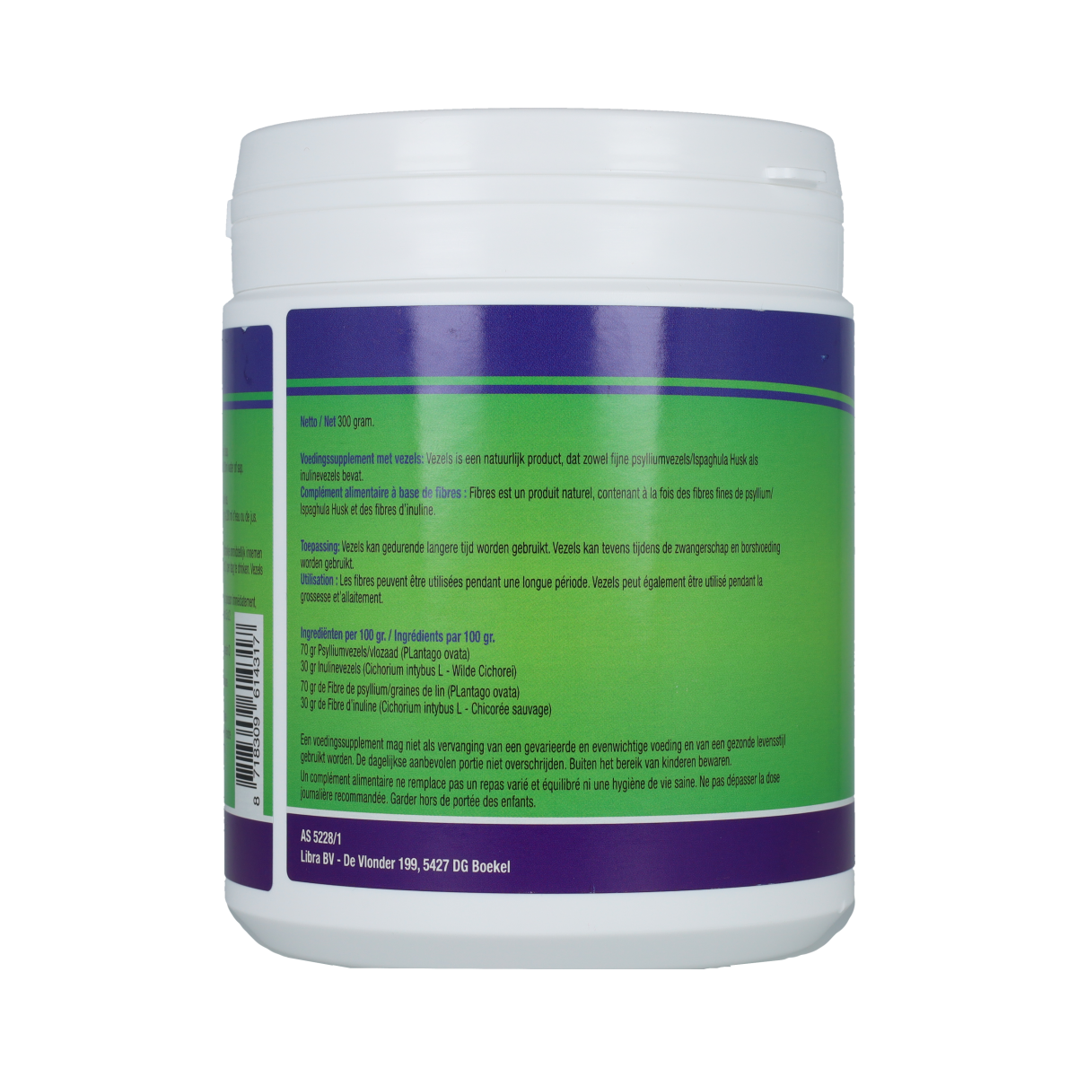 Libra Vezels en Enzymen container showing 300g of Vezels and Enzymes supplement with label and product details