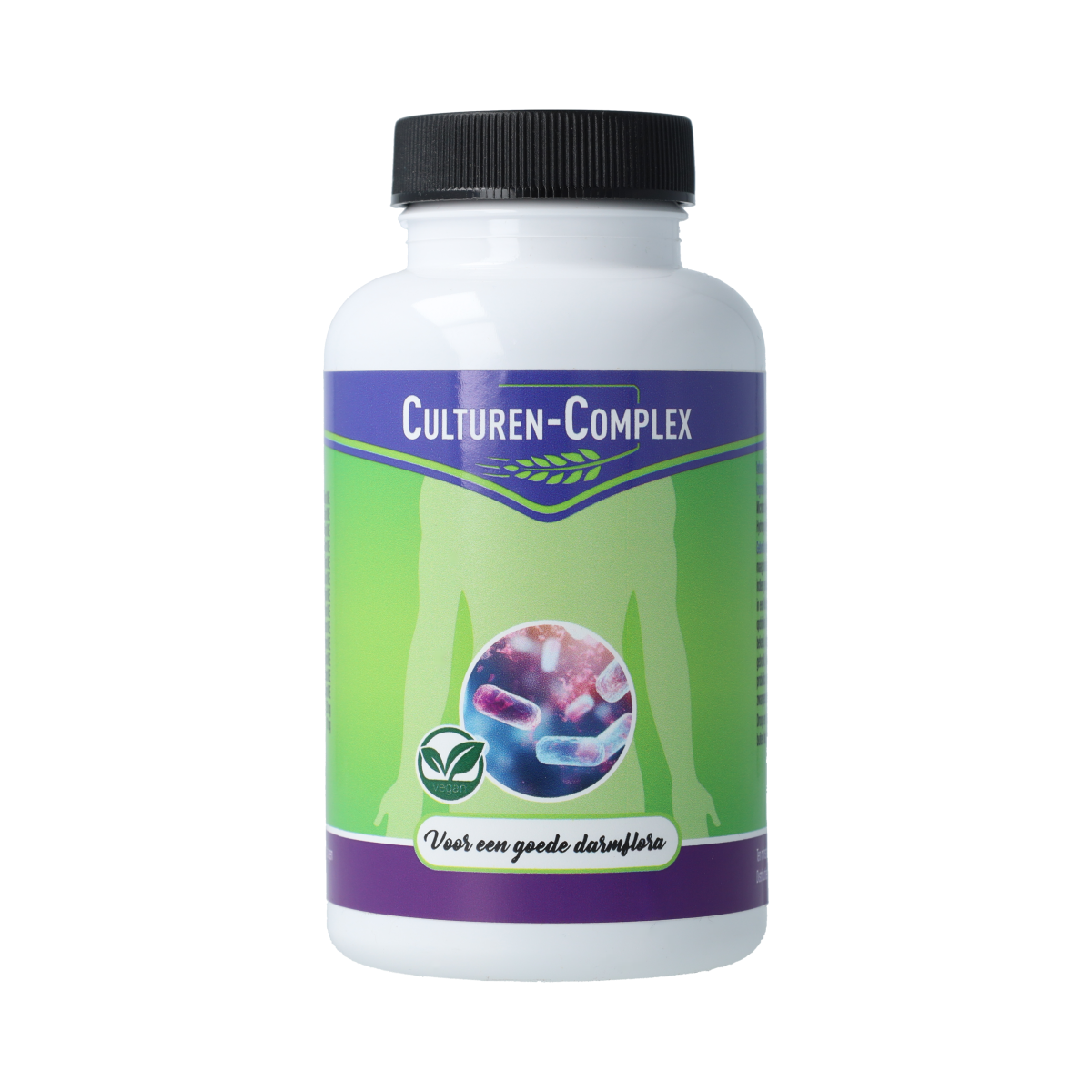 Libra Culturen-Complex 60 capsules containing micro-organisms for digestive health, shown in a clear view of the bottle and capsules.