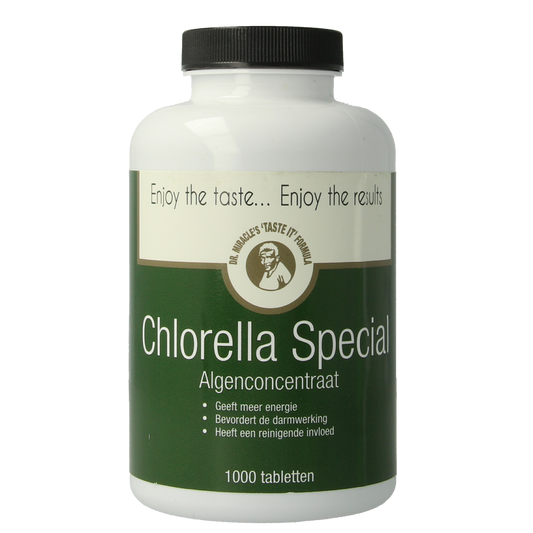 Dr. Miracle Chlorella 1000 tablets, green algae supplement in a bottle, part of herbal preparations by Dr. Miracle.