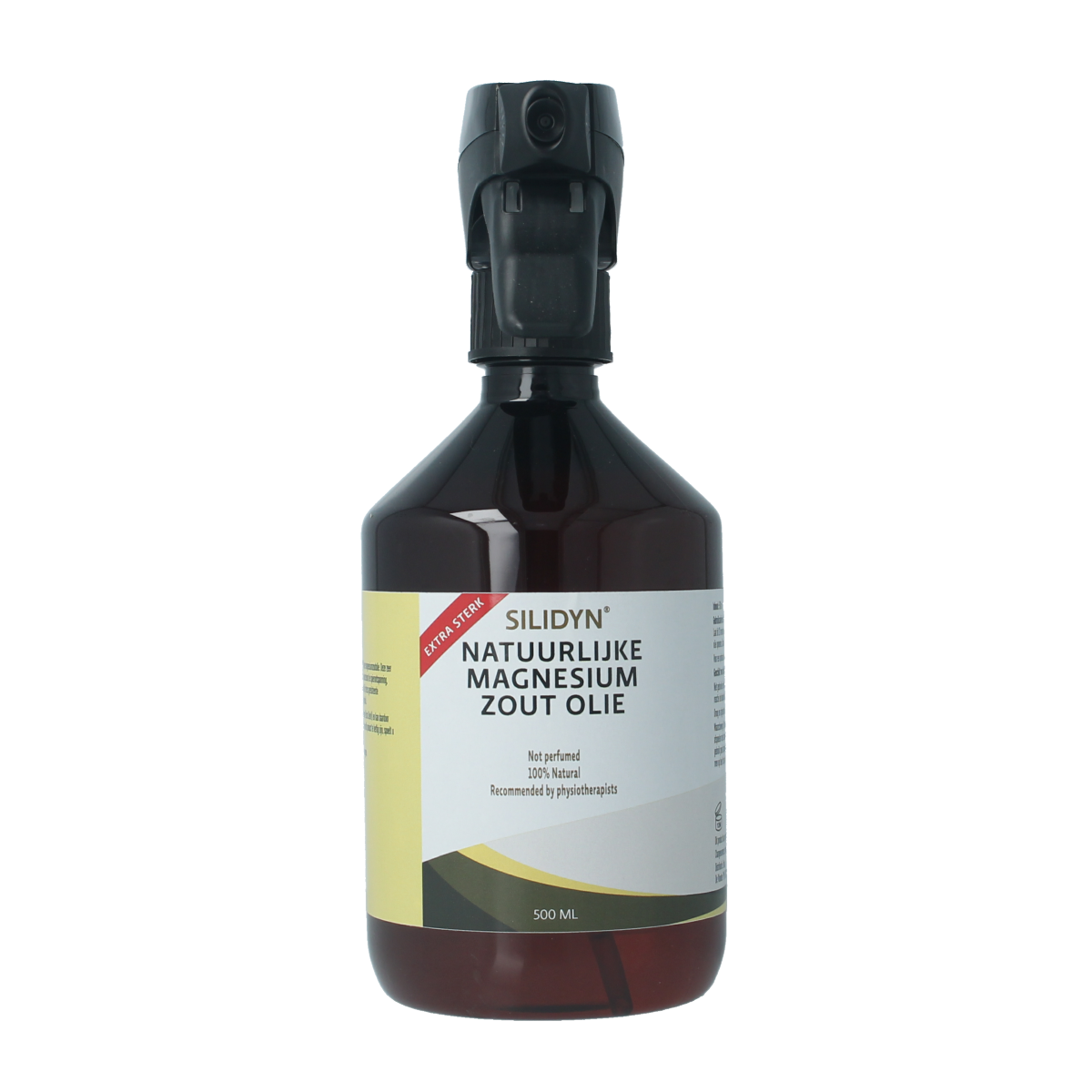 Silidyn Magnesium Zout Olie Spray 38% in 500ml bottle, mineral supplement with mineralen enkel label, clear spray nozzle.