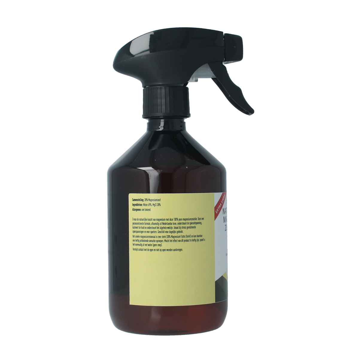 Silidyn Magnesium zout olie spray bottle, 38% mineralen enkel, 500 ml, in a pump spray container.