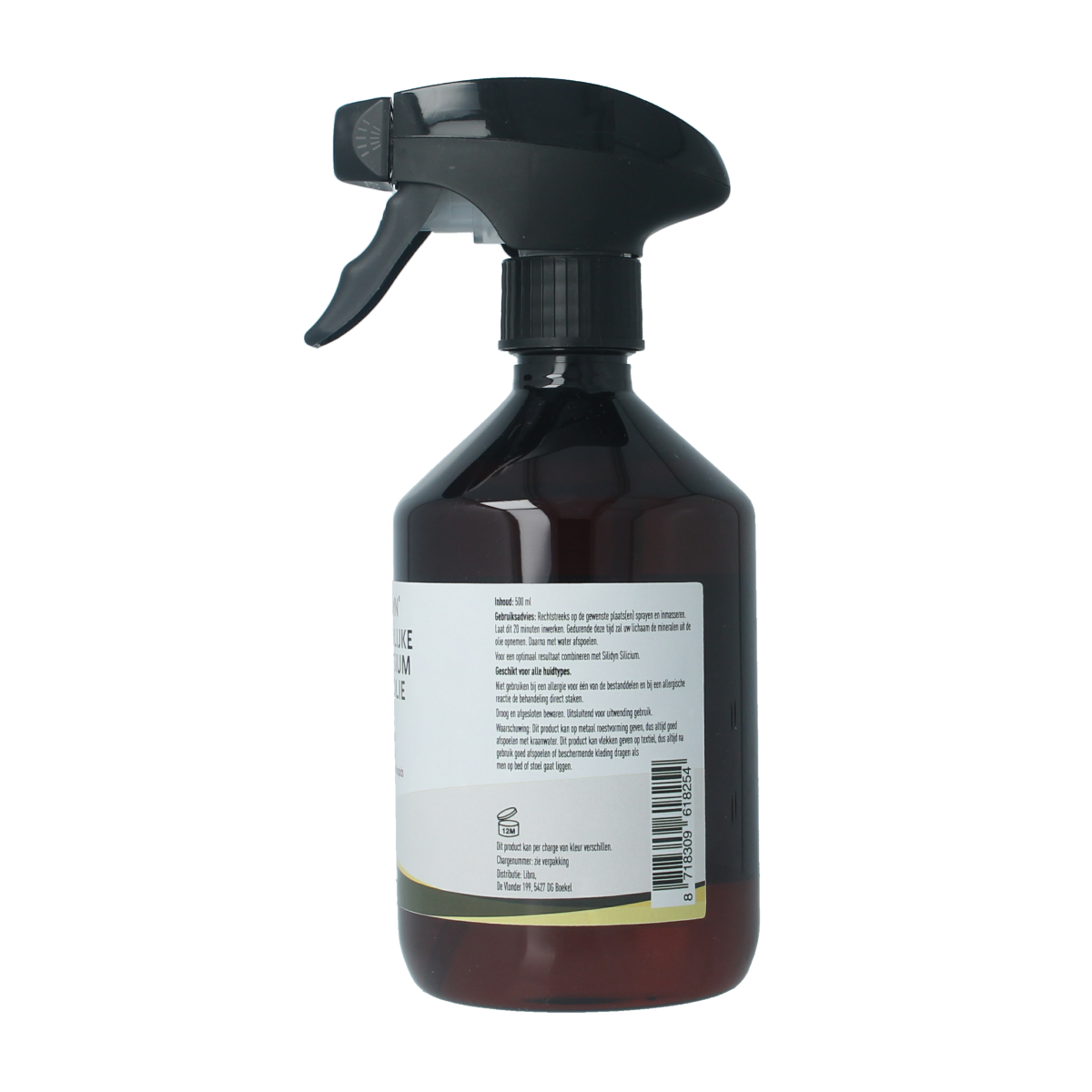 Silidyn Magnesium zout olie spray 38% in 500ml bottle, mineral supplement for topical use, featuring a clear spray nozzle.