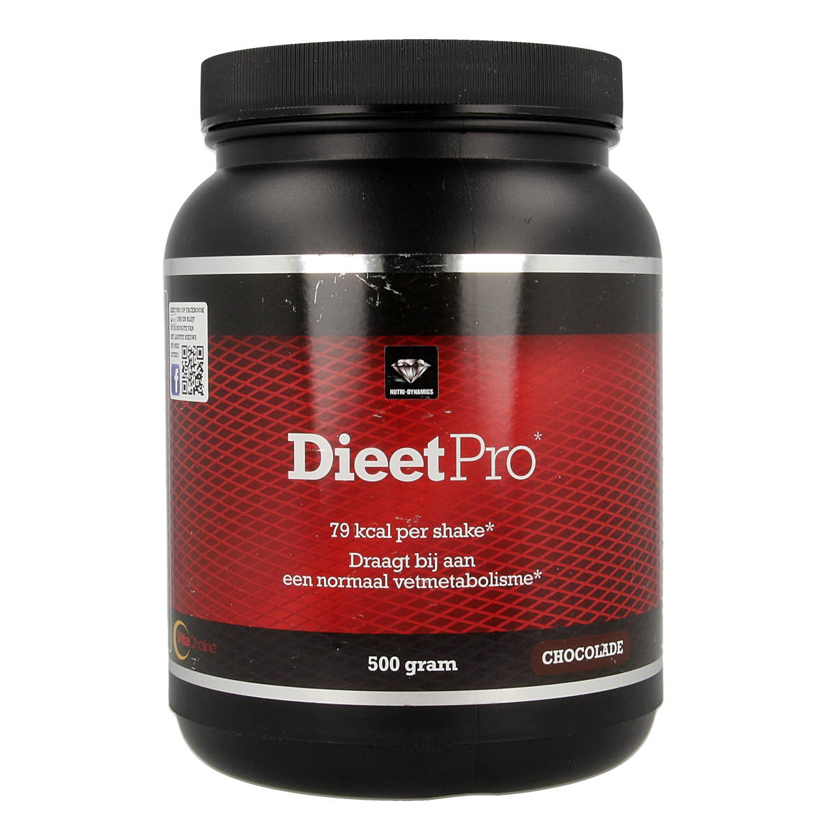Dieet Pro Chocolade Kruidenpreparaten 500g container with label and nutritional information visible.