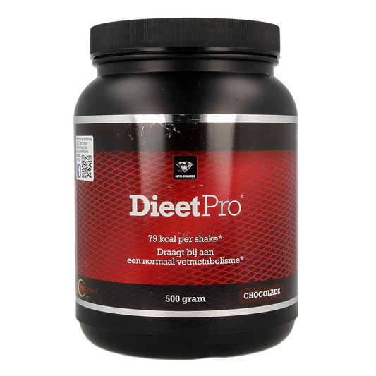 Dieet Pro Chocolade Kruidenpreparaten 500g container with label and nutritional information visible.
