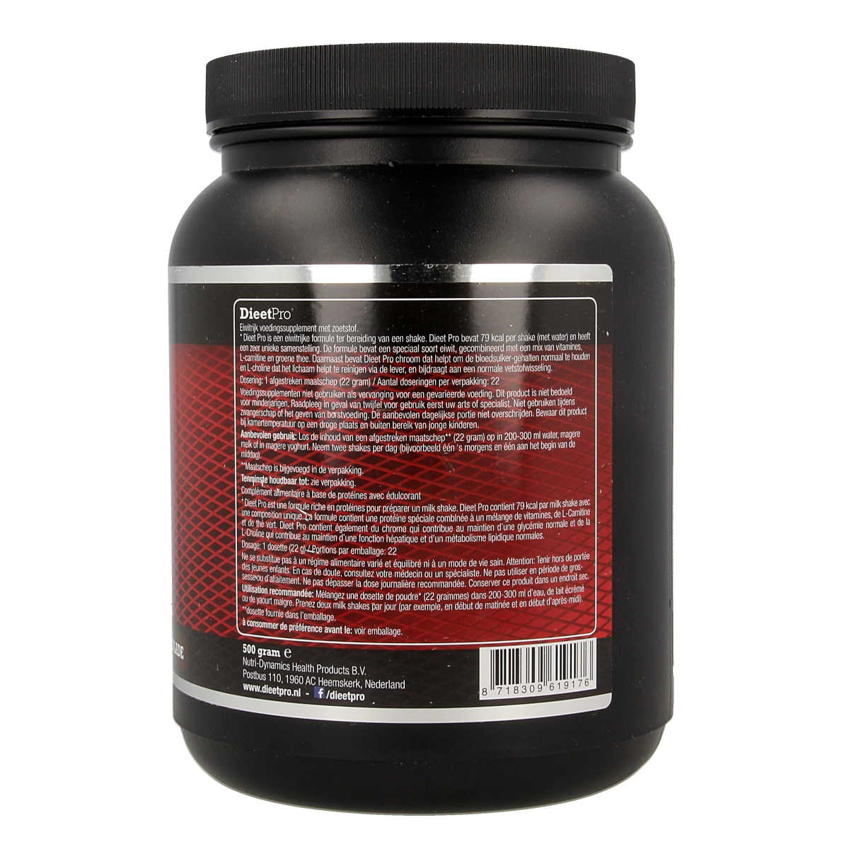 Dieet Pro Chocolade kruidenpreparaten 500g, natural herbal supplement with chocolate flavor, in a clear container.