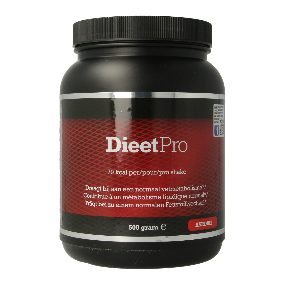 Bottle of Dieet Pro Aardbei strawberry flavor herbal supplement, 500g, natural ingredients, in a clear plastic container.