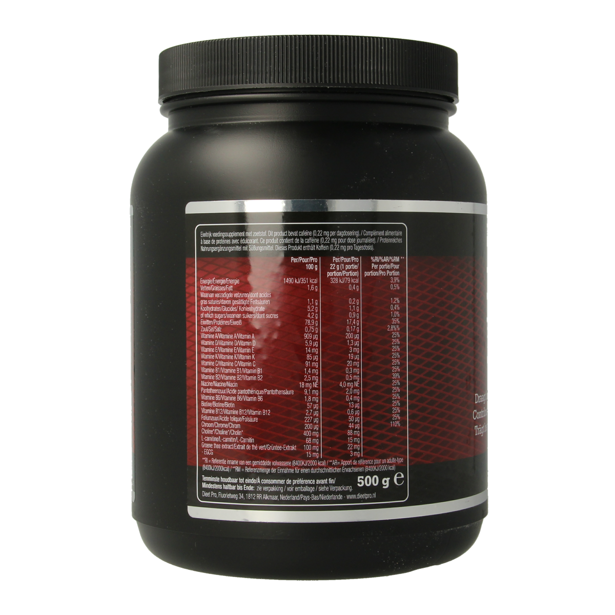 Dieet Pro Aardbei Kruidenpreparaten 500g package with fresh strawberry flavor and colorful label.