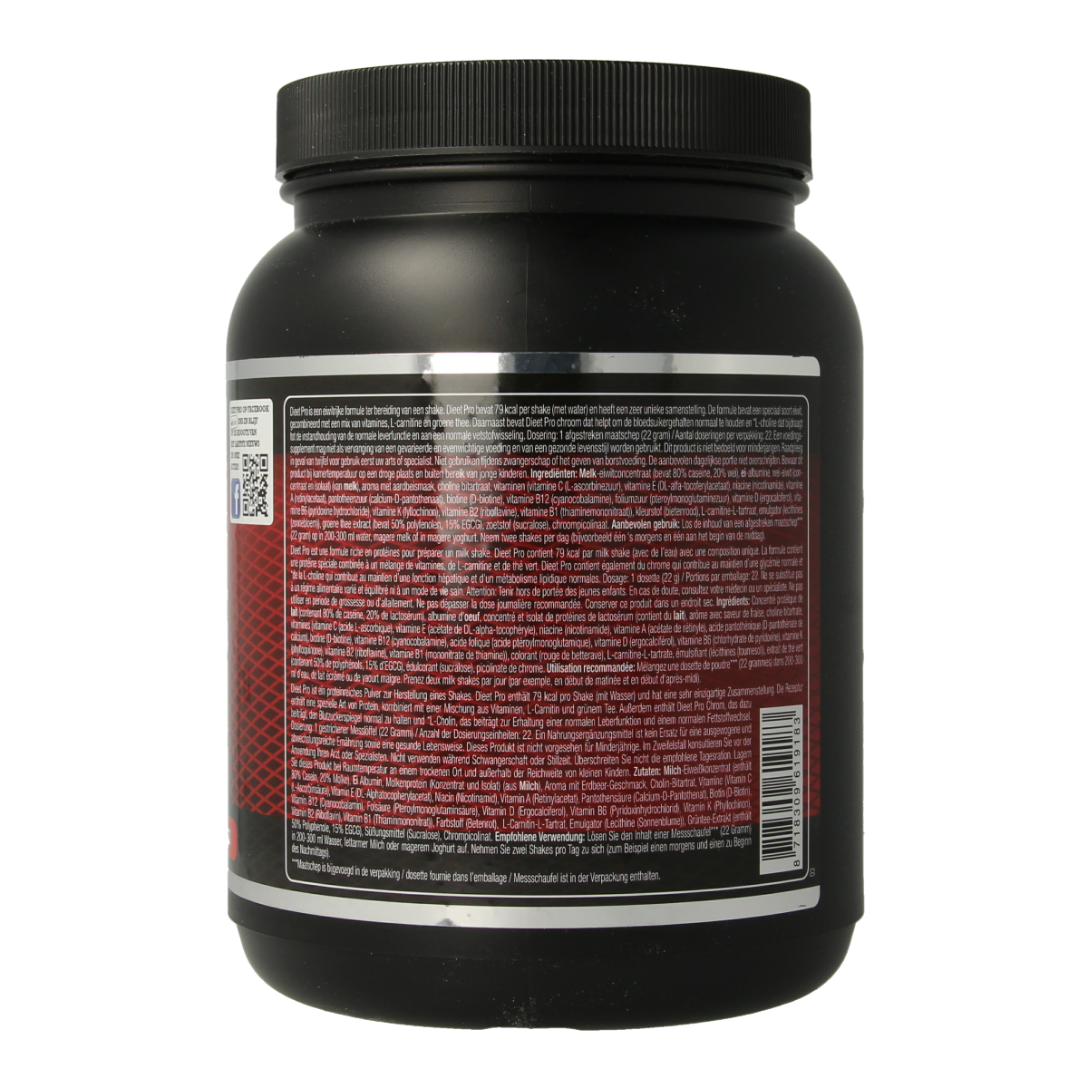A jar of Dieet Pro Aardbei strawberry herbal supplement in a 500g container, with the label showing strawberries and product details.