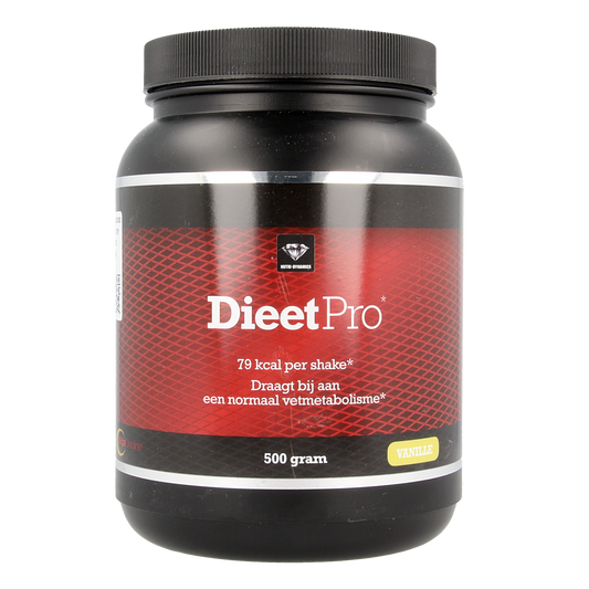 Vanille Kruidenpreparaten with Dieet Pro branding, 500g package, featuring vanilla flavor and herbal supplement appearance
