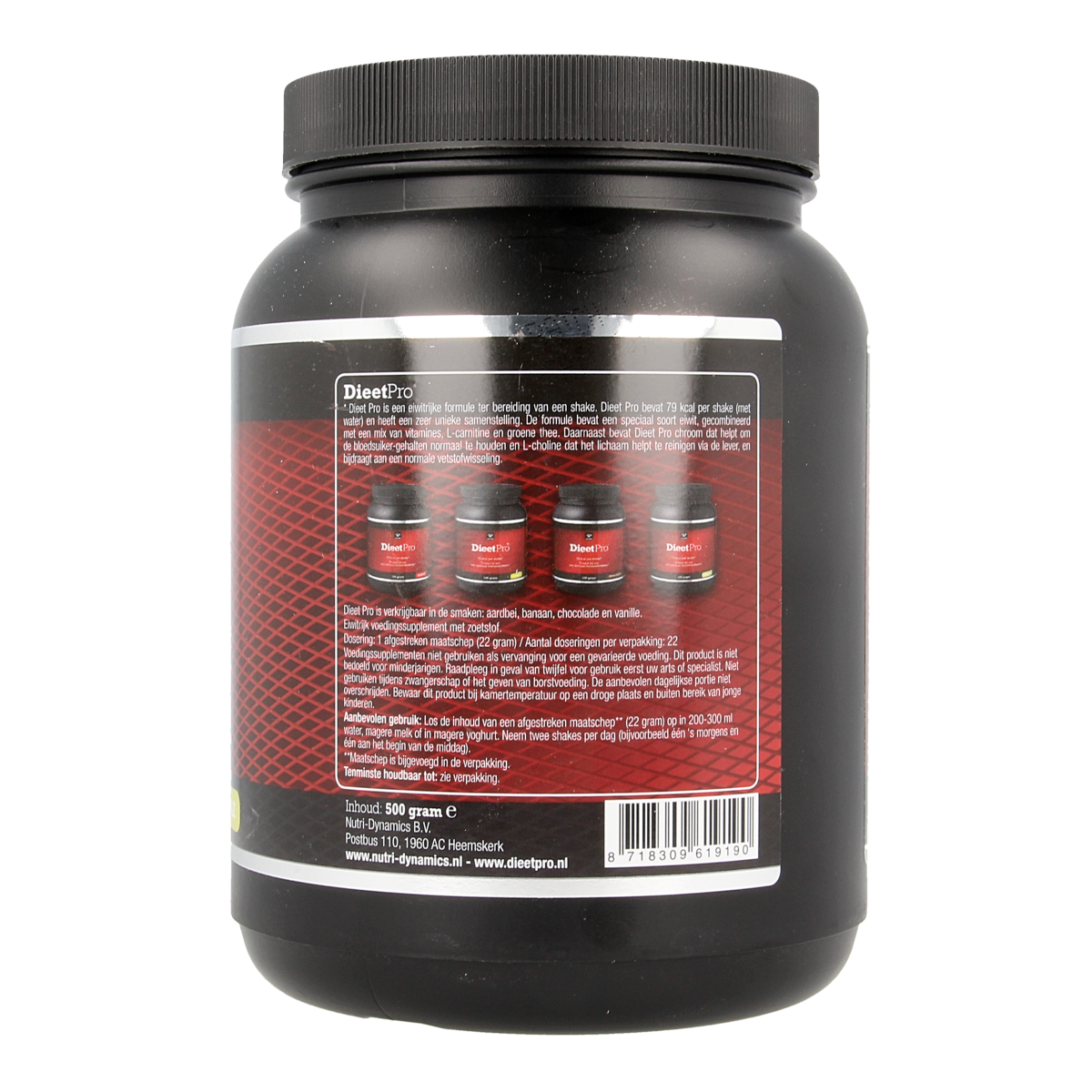 Vanille flavored Dieet Pro Kruidenpreparaten in 500g package, featuring vanilla beans and herbal ingredients for dietary supplement.