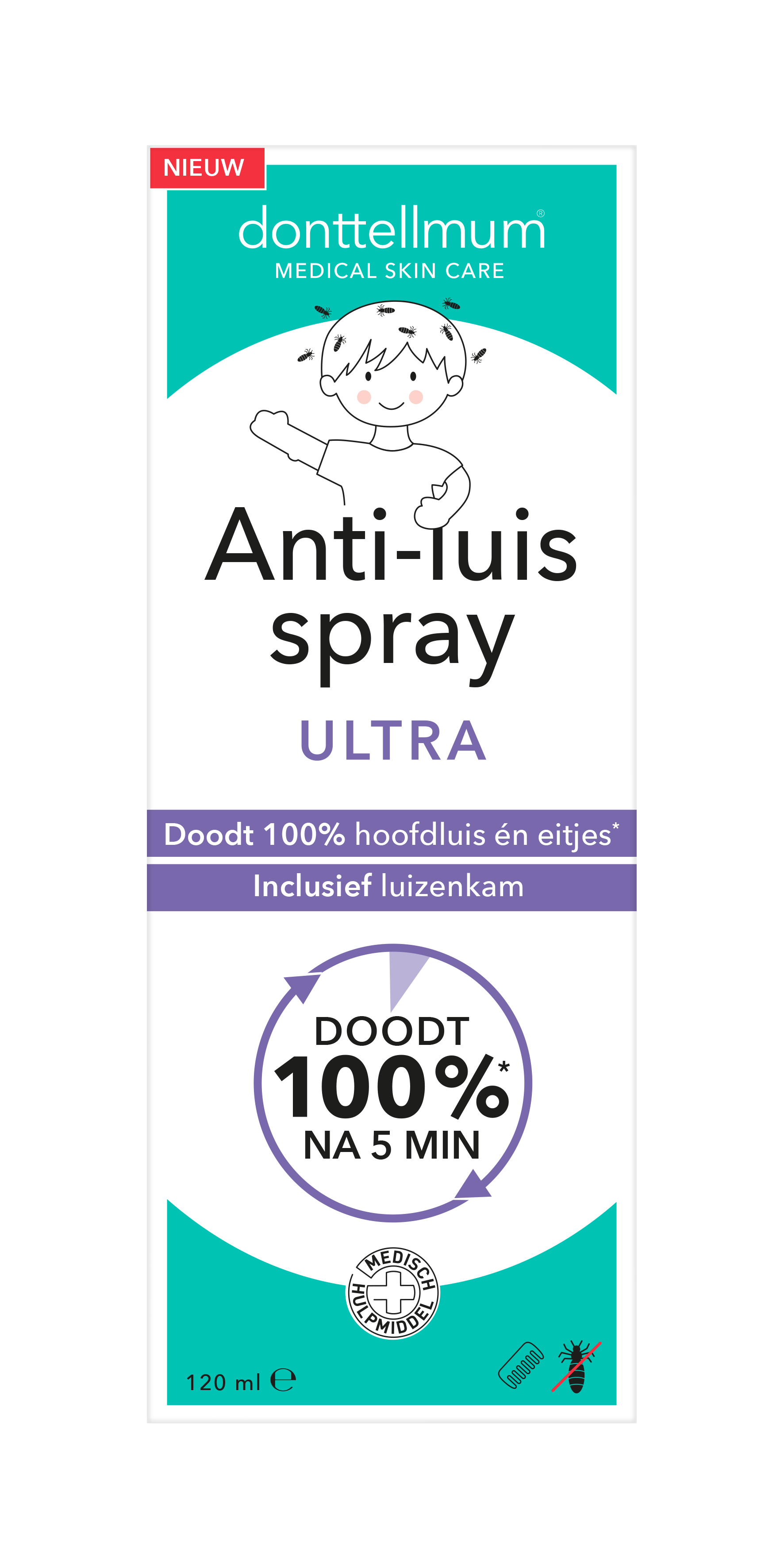 Donttellmum anti-luis spray for hair care in 120ml bottle, designed to protect and nourish hair.