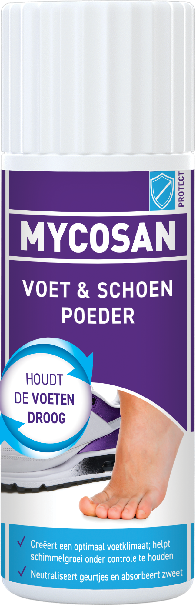 Mycosan Voet & schoen poeder 65g for foot care, showing the powder packet with branding and product details.
