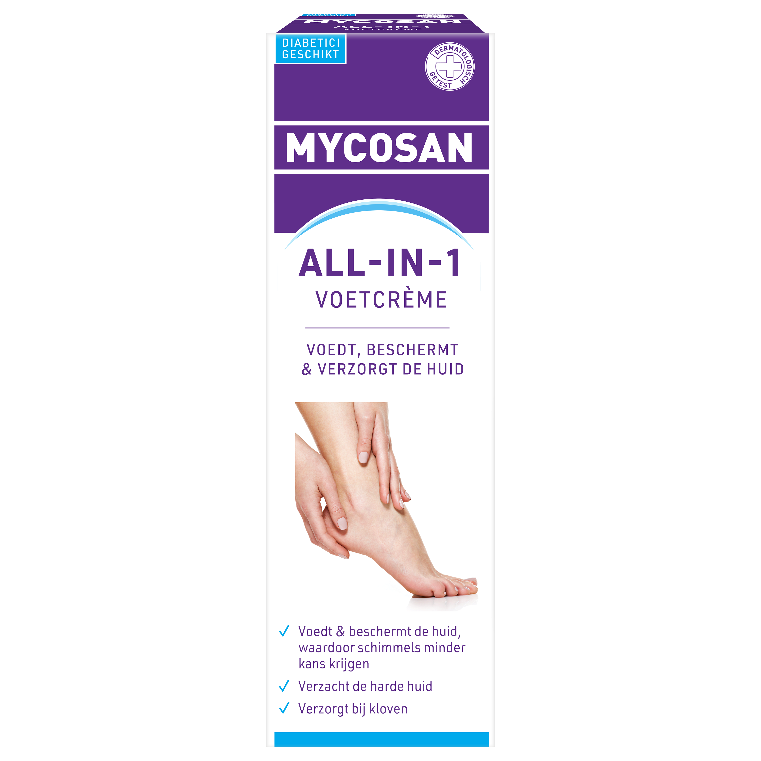 Mycosan Voetcreme all-in-1 foot care cream in 100ml container, designed for healthy, moisturized, and protected feet.