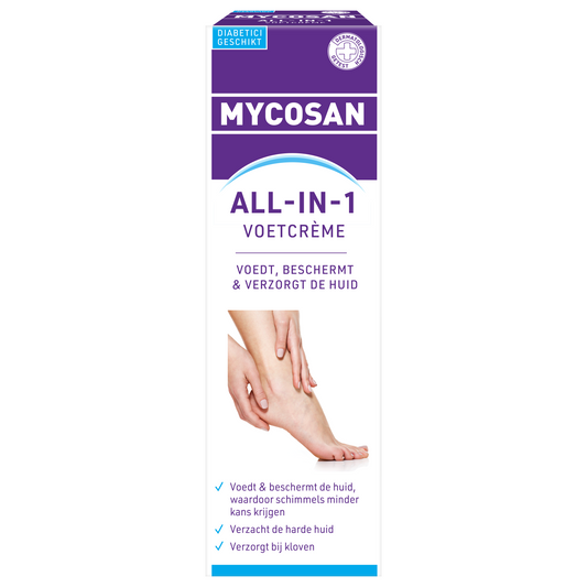 Mycosan Voetcreme all-in-1 foot care cream in 100ml container, designed for healthy, moisturized, and protected feet.