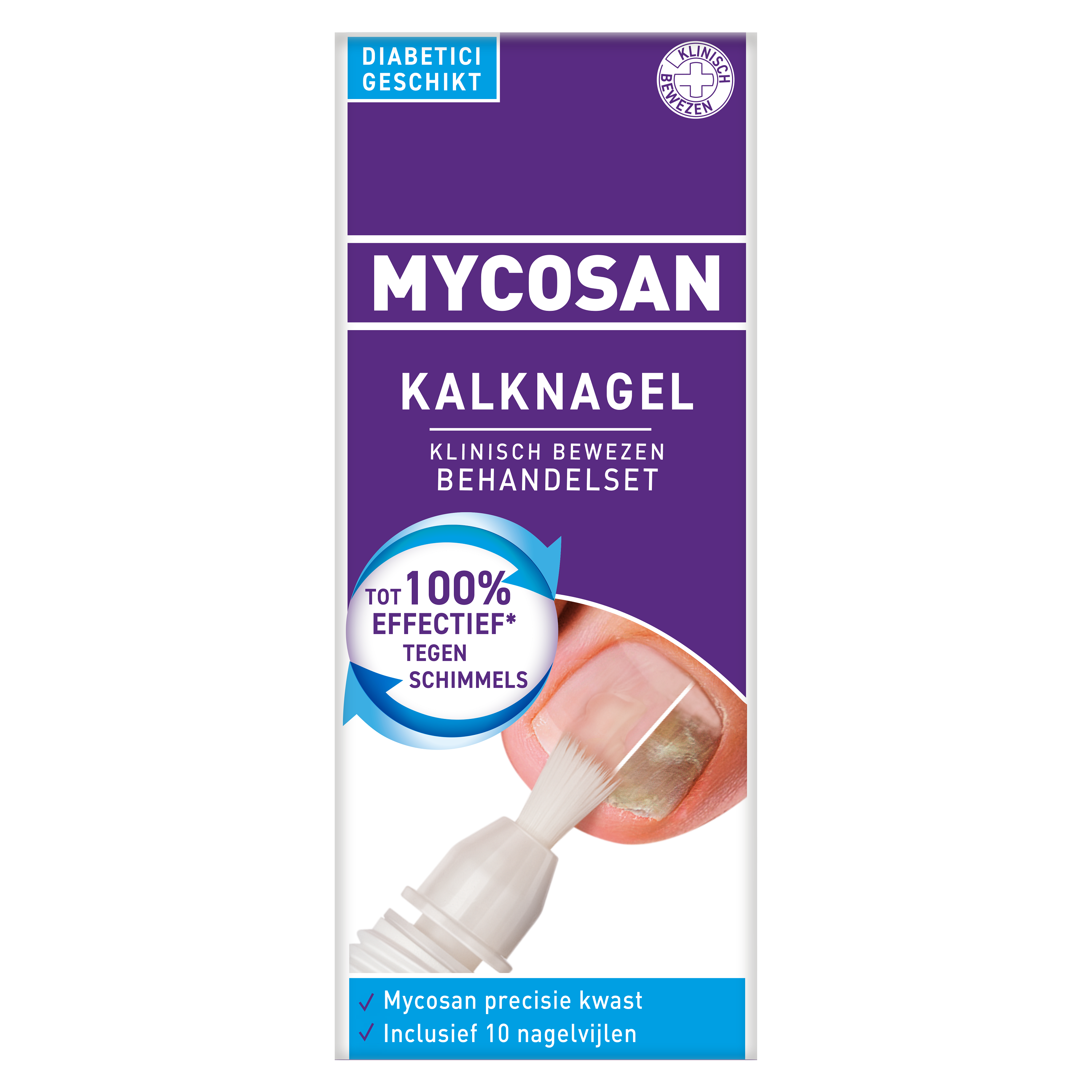 Mycosan Kalknagel voetverzorging behandelset 5ml with applicator and packaging, designed for toenail fungal treatment.