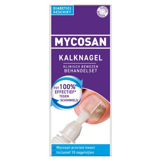 Mycosan Kalknagel voetverzorging behandelset 5ml with applicator and packaging, designed for toenail fungal treatment.