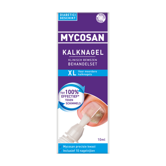 Mycosan Kalknagel behandelset XL for foot care, includes 10ml solution for nail fungus treatment and foot health.