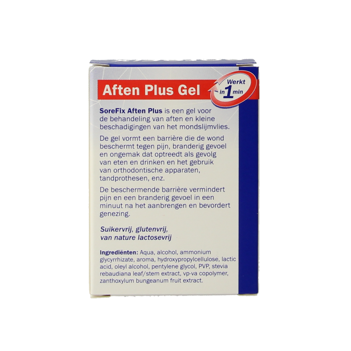 SoreFix Aften Plus gel in 7ml tube, oral care product for mouth sores, with a close-up of the gel tube and packaging.