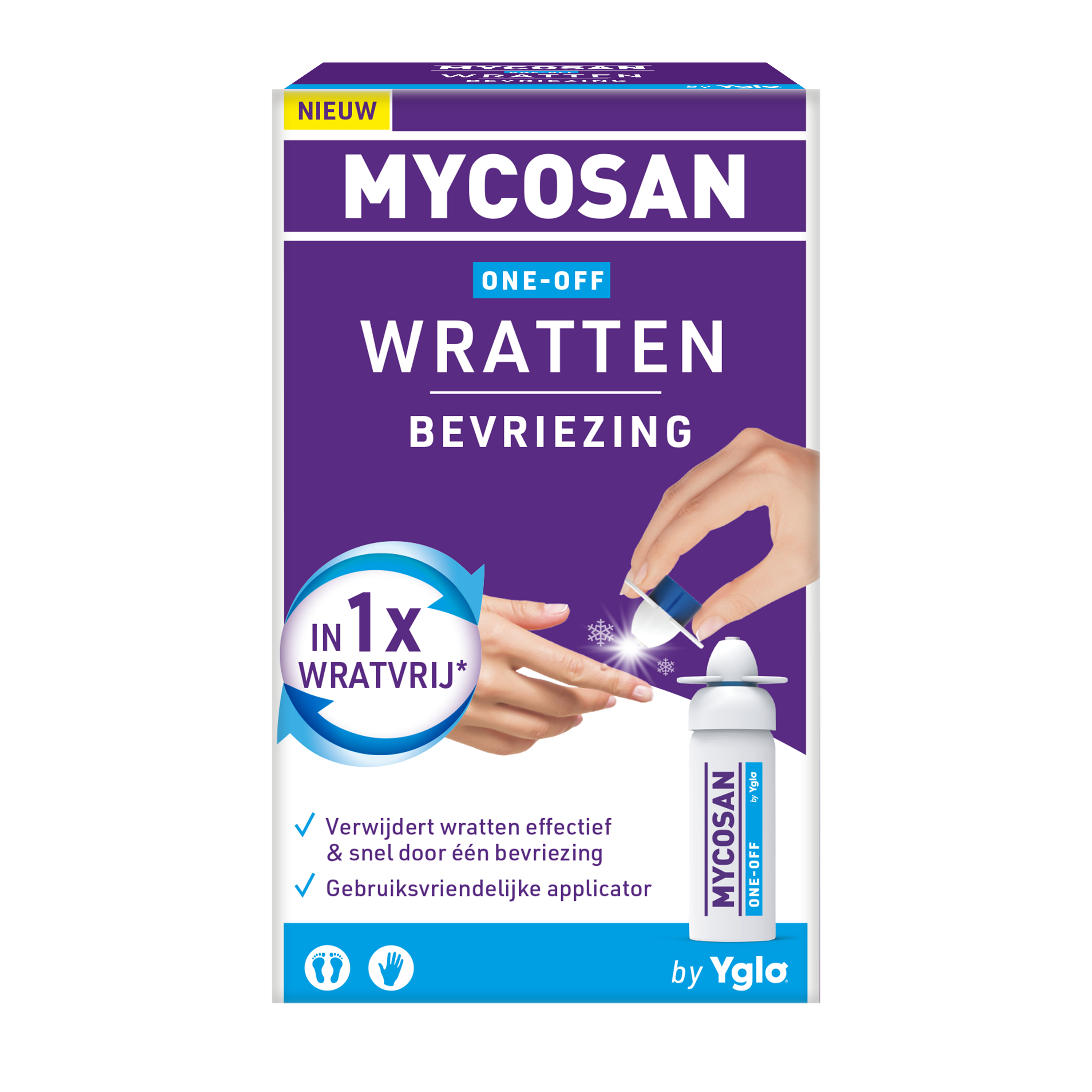 Mycosan One-off wart freezing treatment in a 50ml bottle, body care product for wart removal, with applicator and label visible.