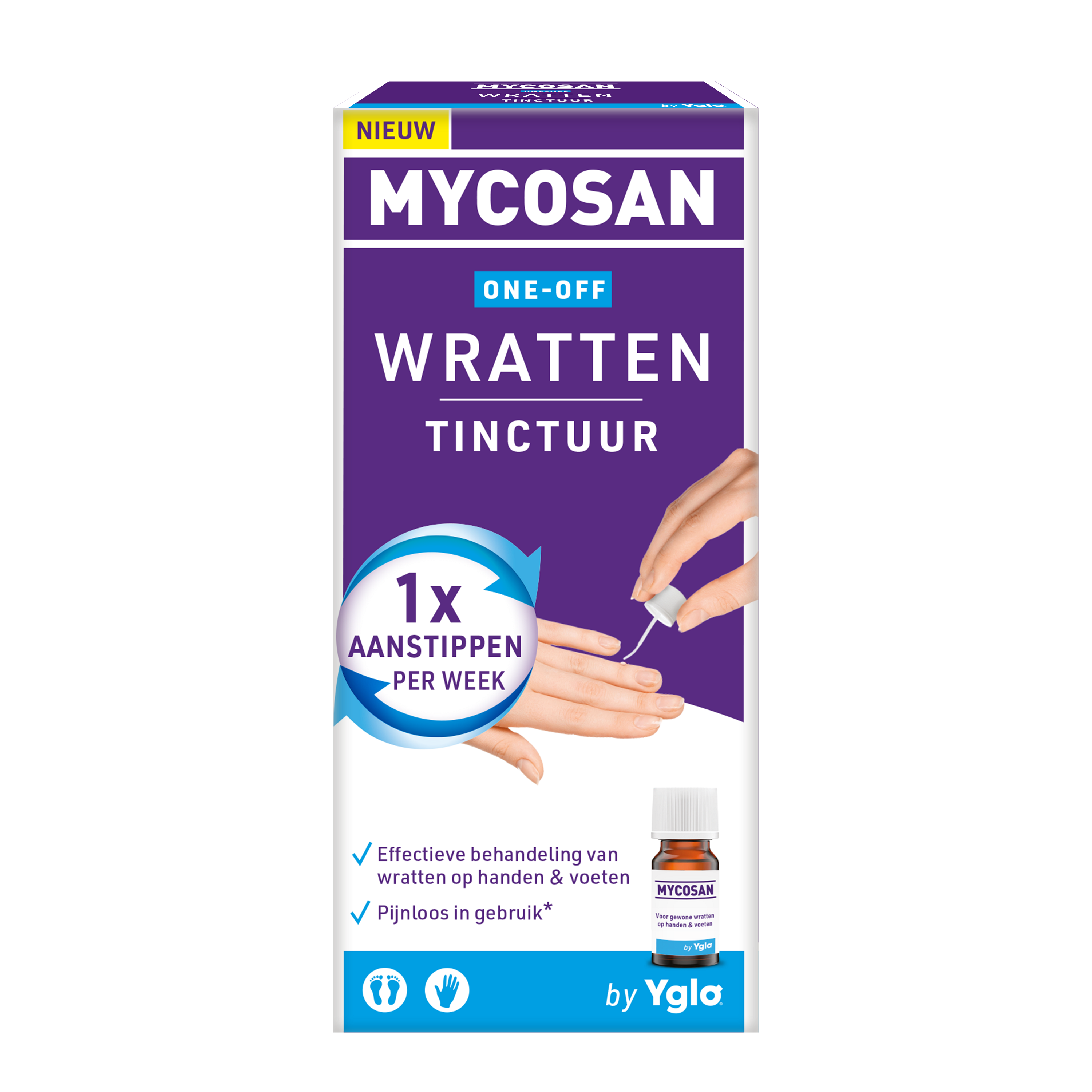Mycosan One-off Wratten tinctuur in 2ml bottle, used for skin care, with dropper cap and clear liquid inside.