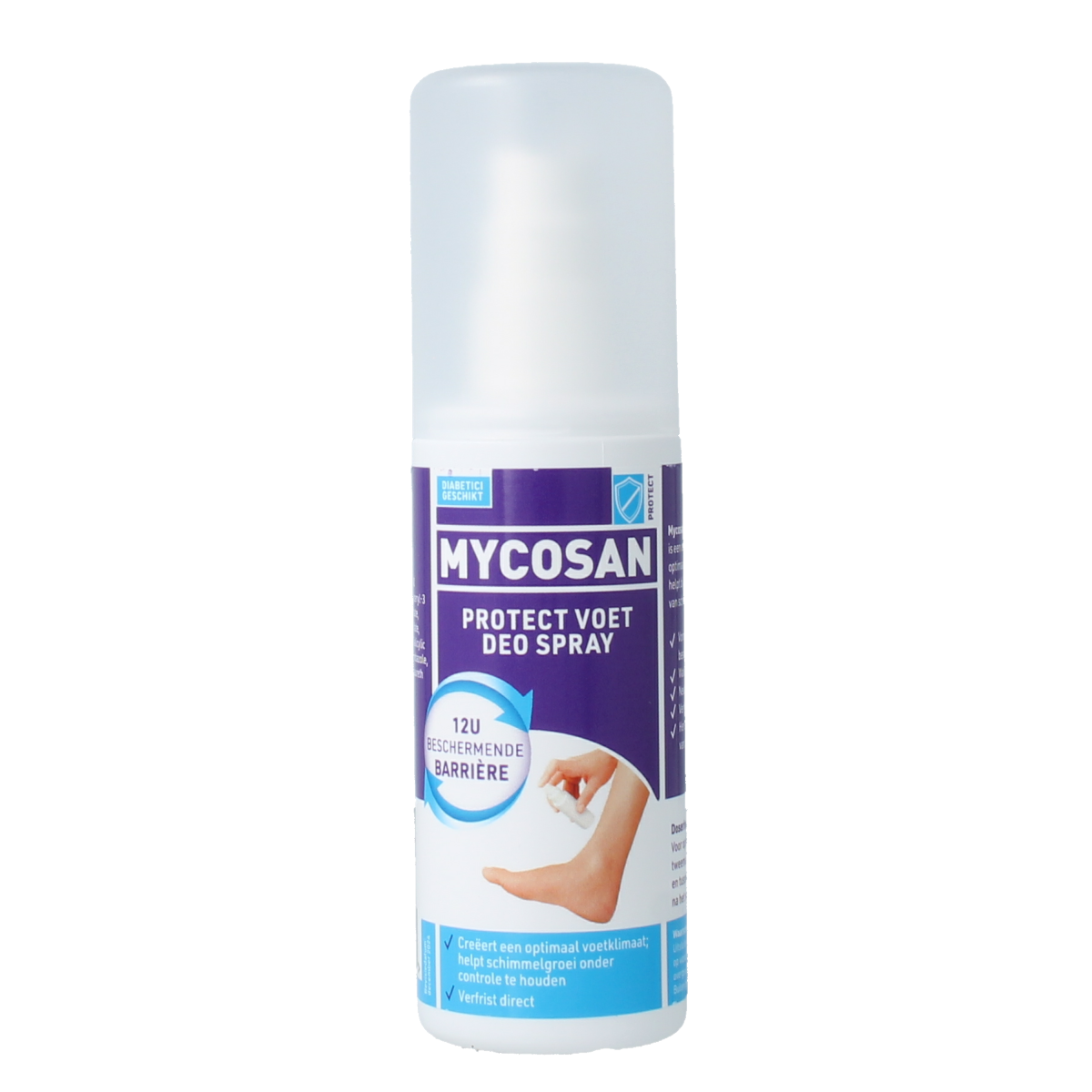 Mycosan Deodorant Voetspray 80ml for foot care, spray bottle with label, designed to keep feet fresh and odor-free