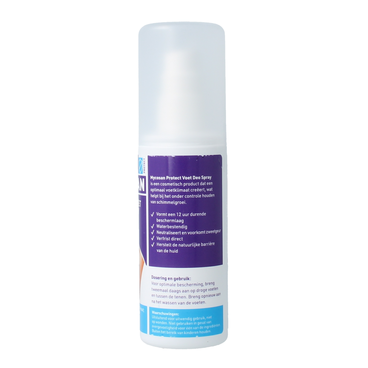 Mycosan Deodorant voetspray 80ml in a spray bottle, designed for foot care and odor control.