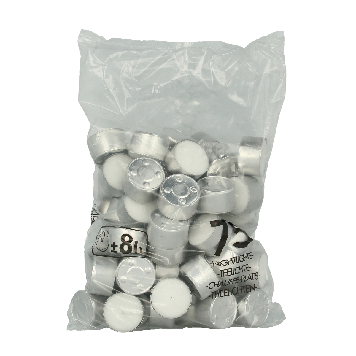 Set of 75 white Bolsius tealight candles in a bag, each with 8-hour burn time, ideal for decorative and ambient lighting.