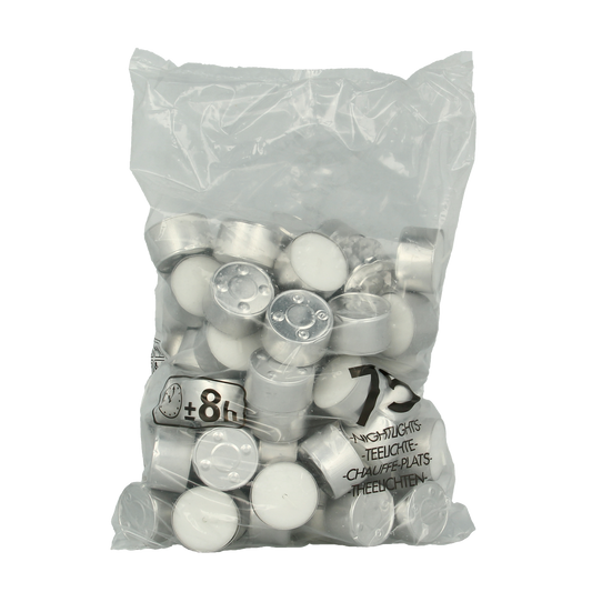Set of 75 white Bolsius tealight candles in a bag, each with 8-hour burn time, ideal for decorative and ambient lighting.