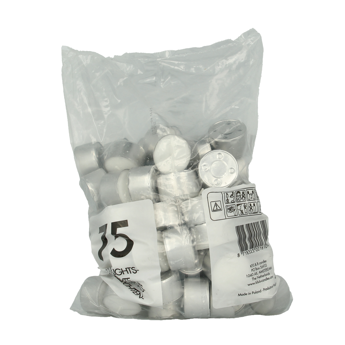 Set of 75 white Bolsius tealight candles in a box, each with an 8-hour burn time, for cozy lighting and decor.