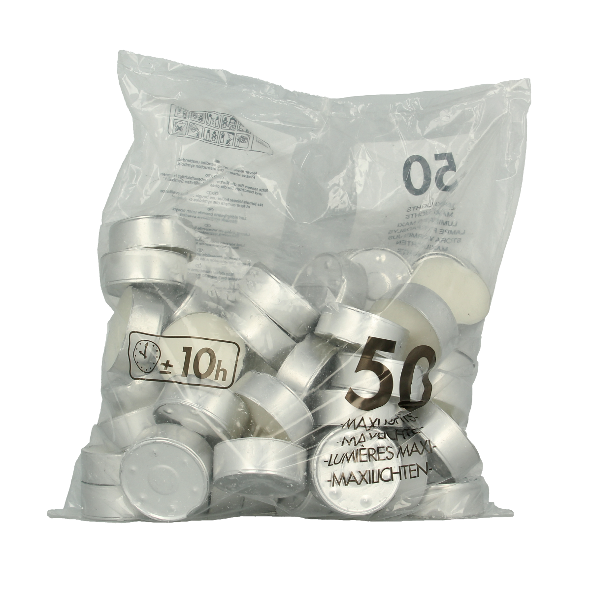 Set of 50 Bolsius Maxi neutral-colored candles in a box, with 10-hour burn time, ideal for home or event lighting.