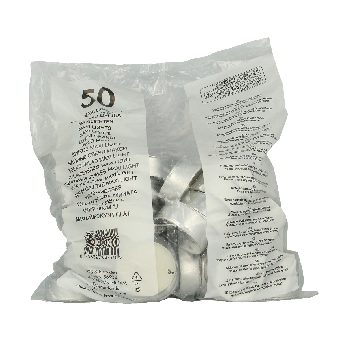 Set of 50 Bolsius Maxi neutral-colored candles in a 10-hour burn time zak, ideal for home lighting and decoration.
