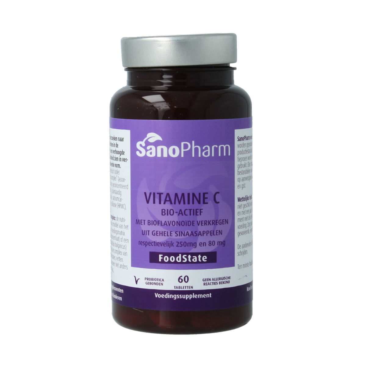 SanoPharm Vitamin C 250mg with bioflavonoids, 60 tablets, close-up of supplement bottle and tablets on a white background