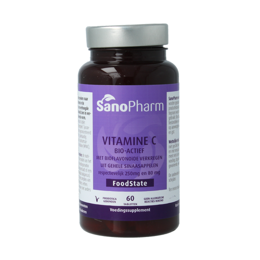 SanoPharm Vitamin C 250mg with bioflavonoids, 60 tablets, close-up of supplement bottle and tablets on a white background