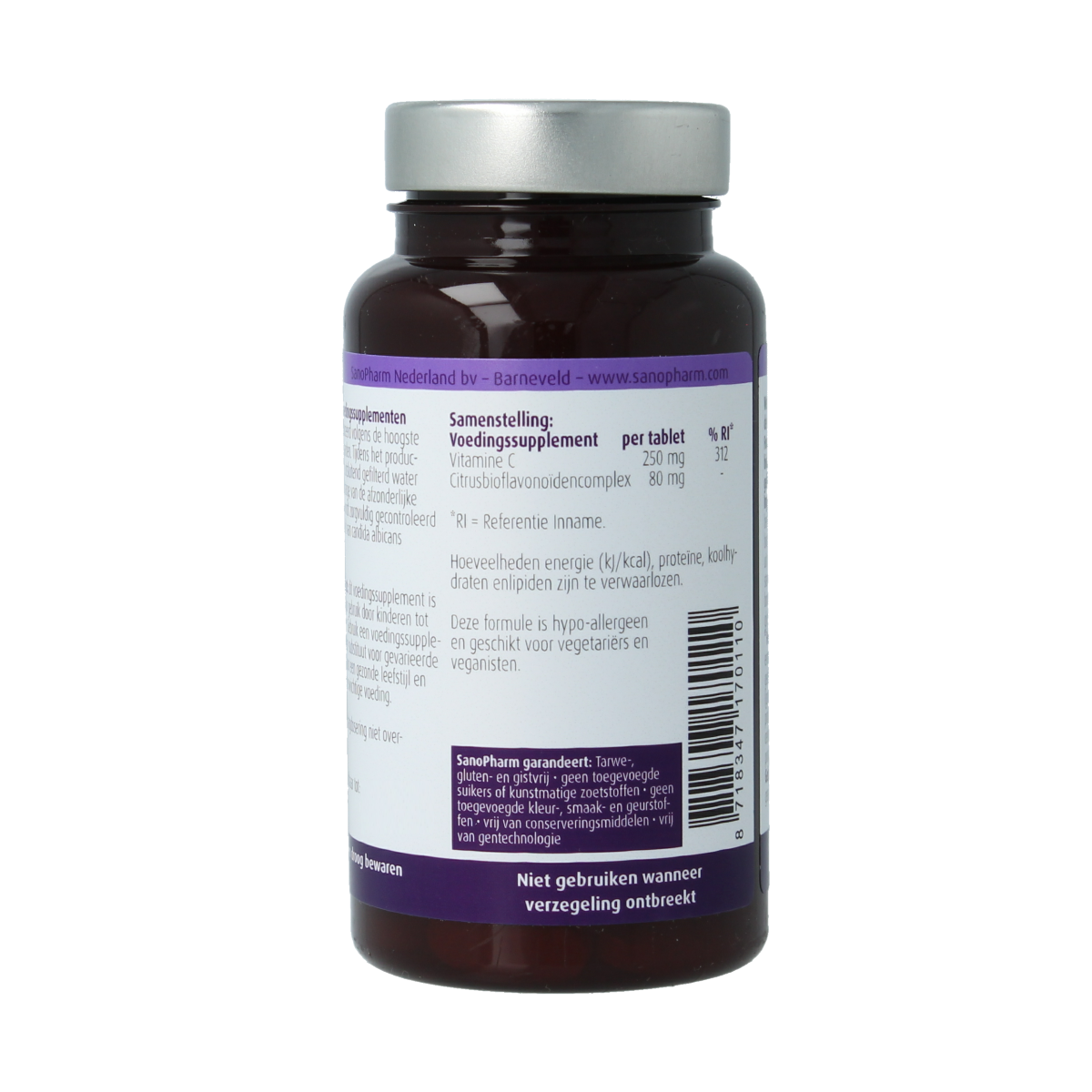 SanoPharm Vitamin C 250mg with bioflavonoids, 60 tablets, close-up of the supplement bottle showing the label and tablets inside