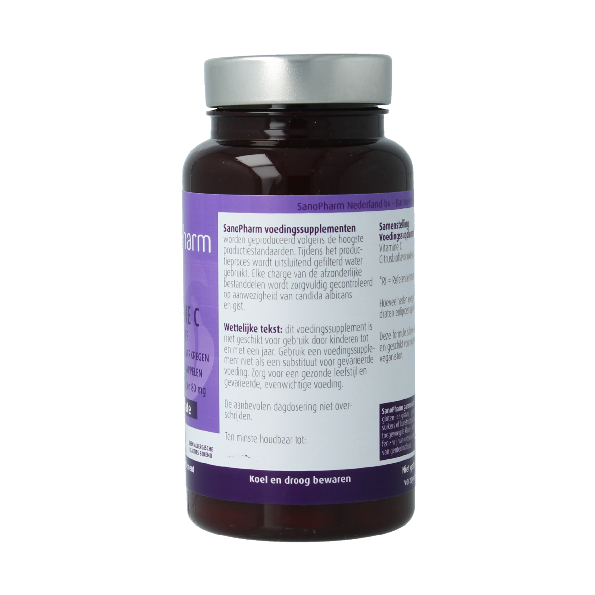 SanoPharm Vitamin C 250mg with bioflavonoids 80mg tablets, close-up of the bottle and tablets on a white background.
