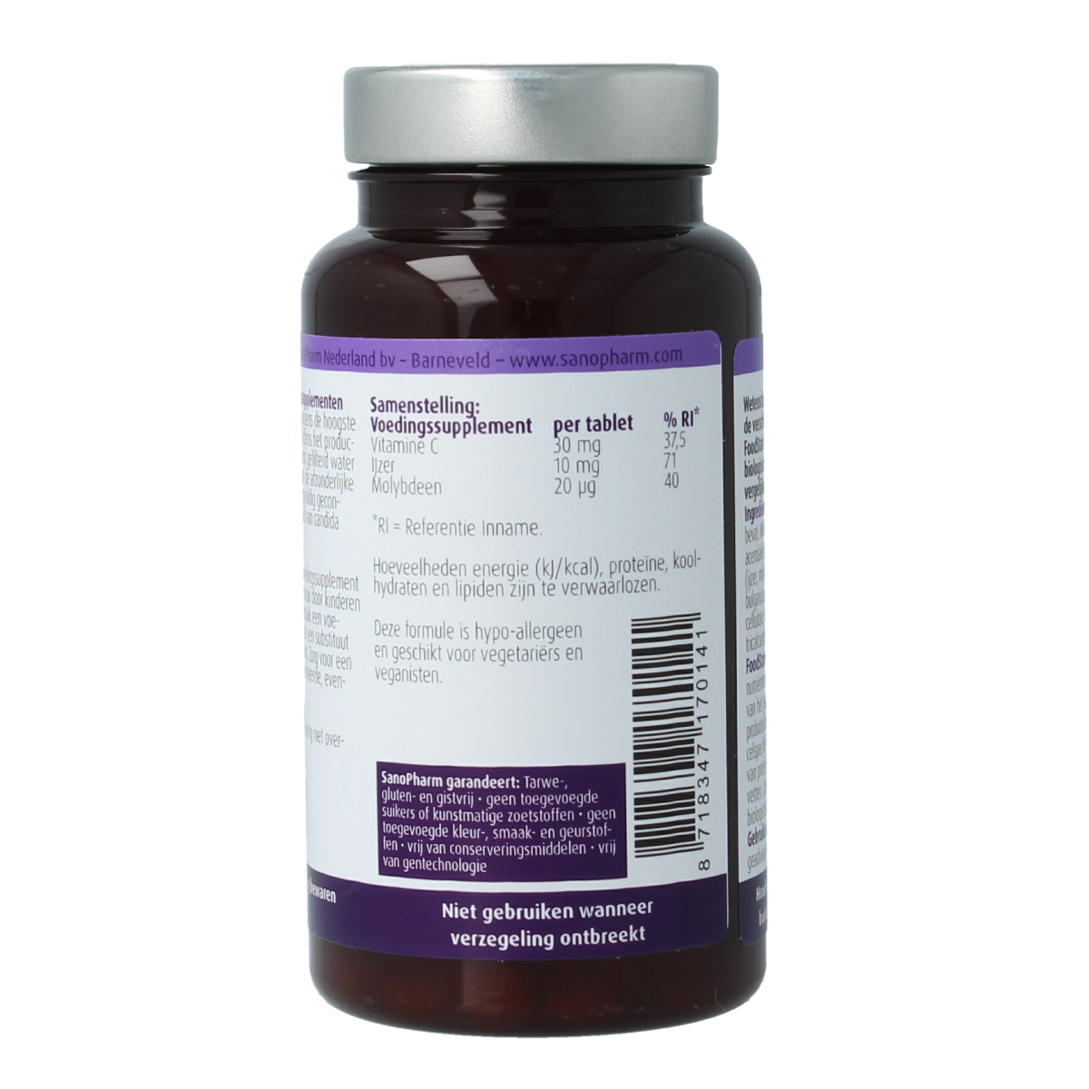 SanoPharm mineral multivitamin tablets with iron 10mg, molybdenum 20mcg, and vitamin C 30mg in a blister pack.