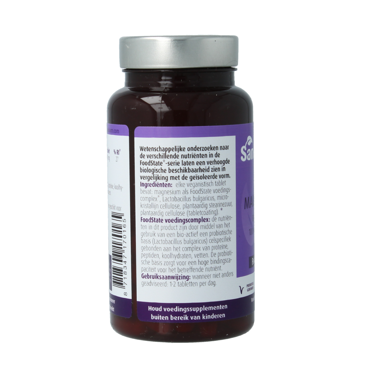 SanoPharm FoodState magnesium 100mg mineral tablets, 60 count, showing the bottle and tablets inside the container.
