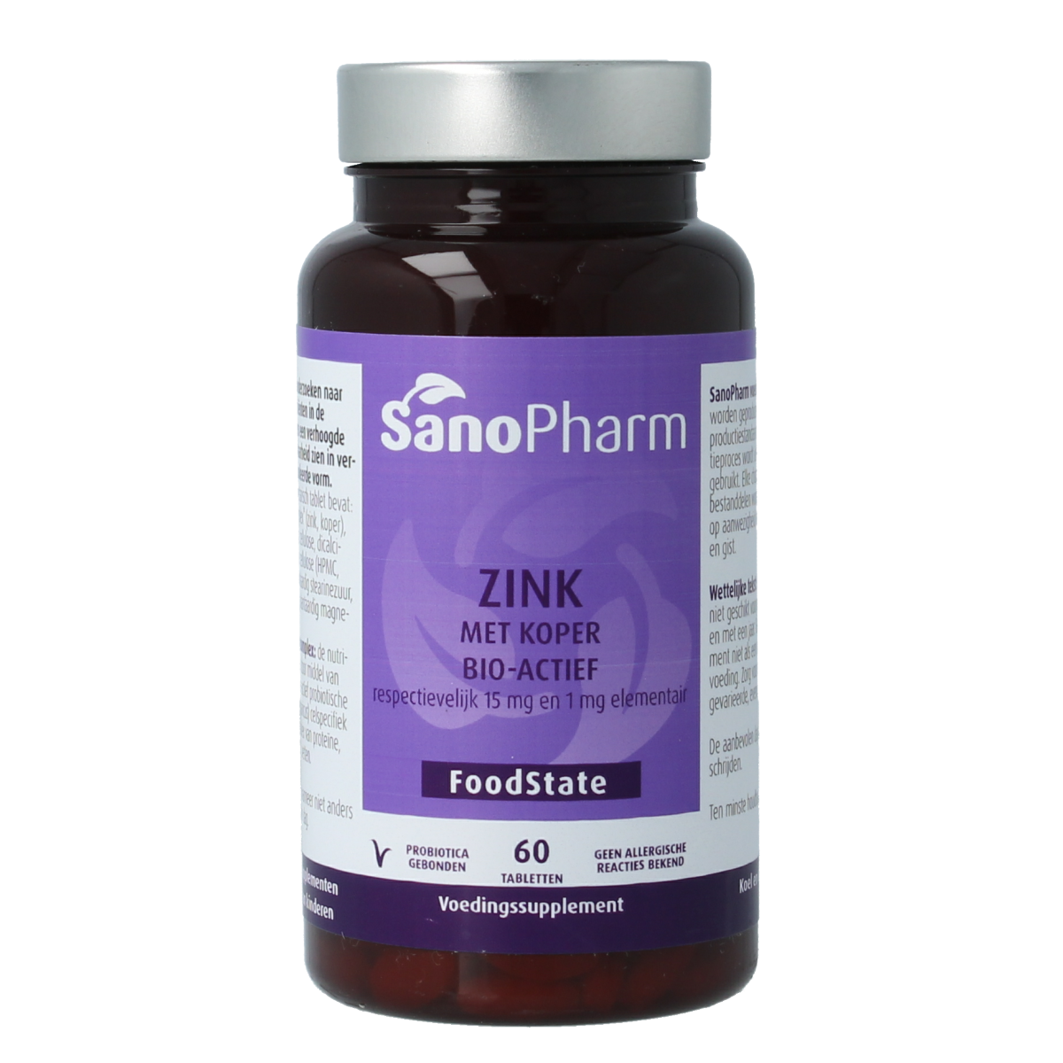 SanoPharm Zink 15mg and koper 1mg mineral tablets, 60 count, showing the bottle and tablets inside