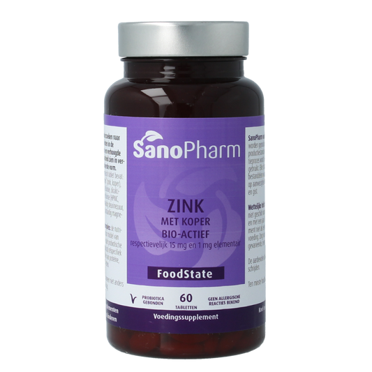 SanoPharm Zink 15mg and koper 1mg mineral tablets, 60 count, showing the bottle and tablets inside