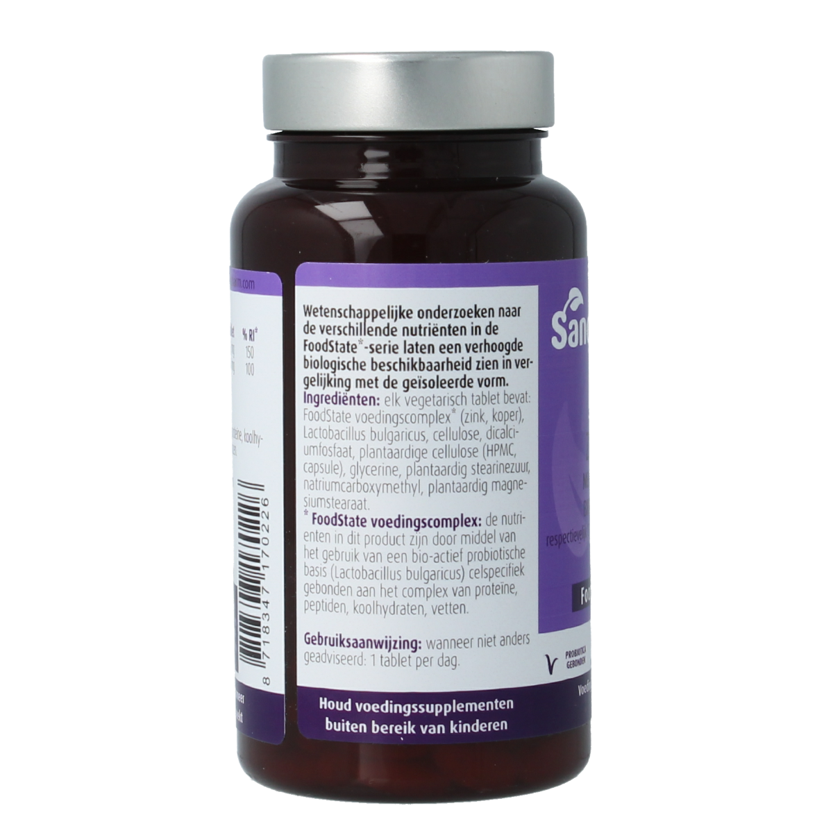 SanoPharm Zink 15mg and koper 1mg mineral supplement tablets, 60-count, showing the multivitamin bottle and tablets inside.