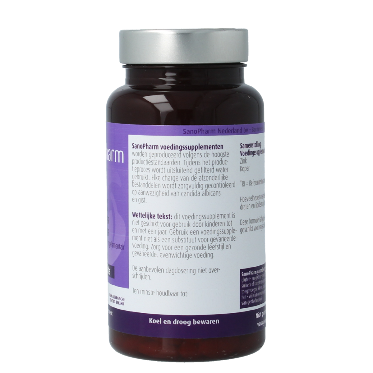 SanoPharm Zink 15mg and koper 1mg mineral supplement tablets, 60-count, shown in blister packaging.