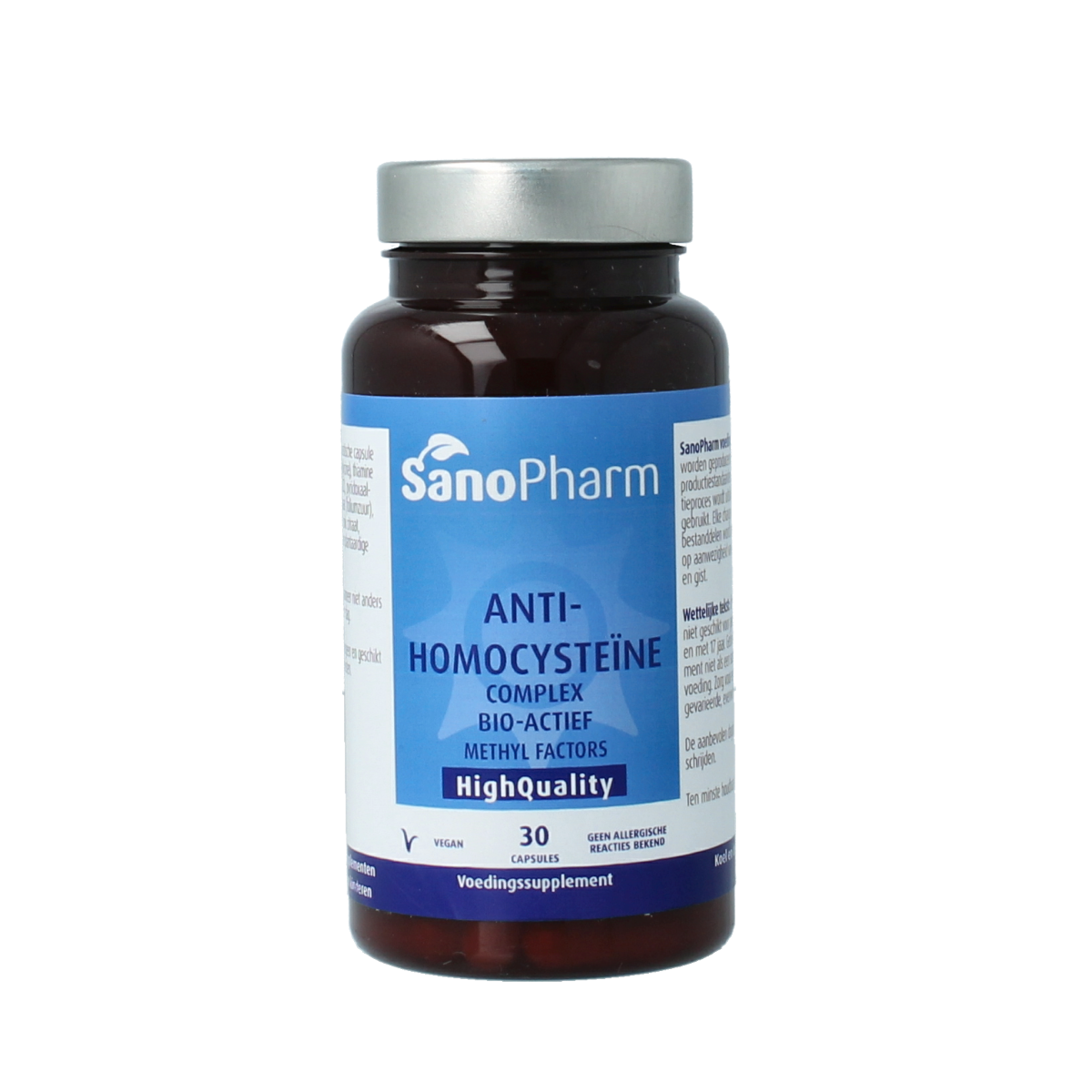 SanoPharm Anti-homocysteine complex foodstate capsules, dietary supplement in a blister pack, with white and green packaging.