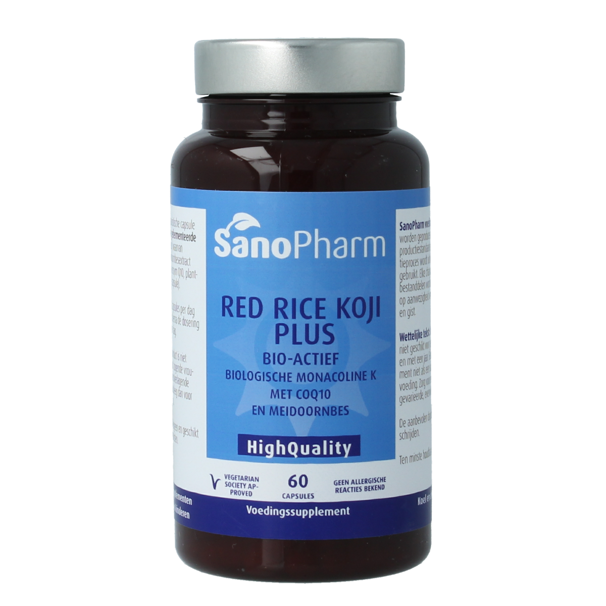 SanoPharm Red rice koji plus vegetarian capsules for herbal preparations, displayed in a bottle with capsules visible.