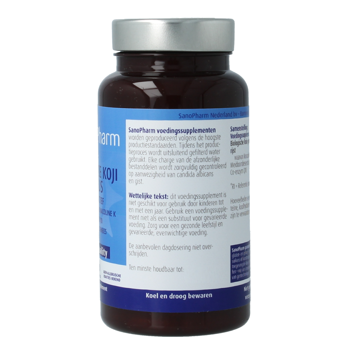 SanoPharm Red rice koji plus vegetarian capsules, herbal supplement in a white bottle with a label displaying product details.