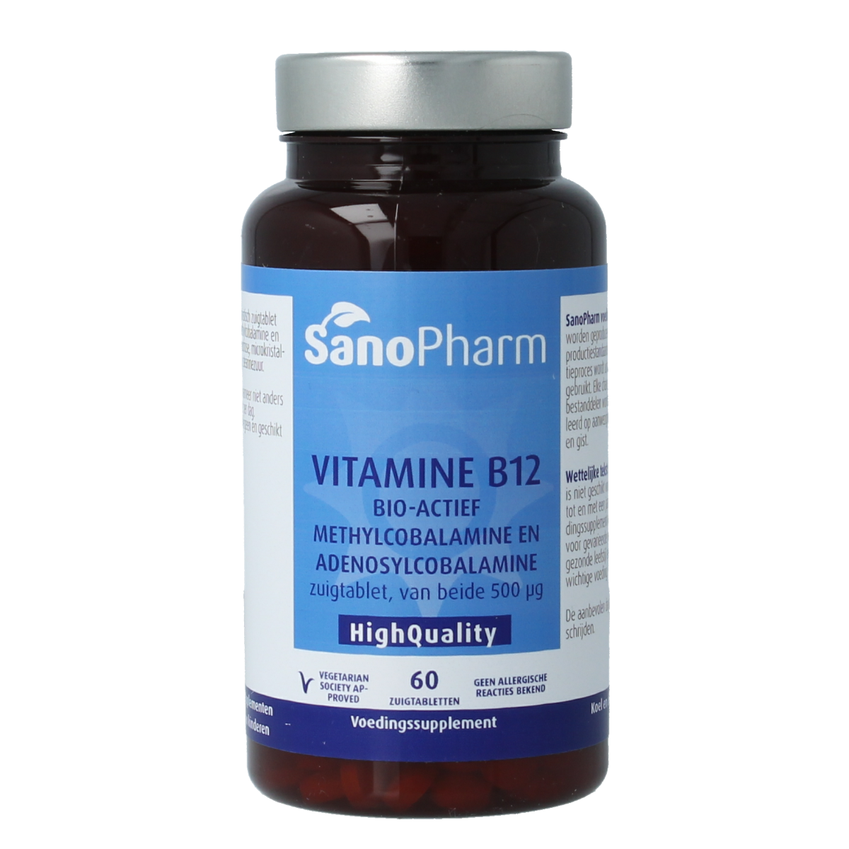 SanoPharm Vitamin B12 methyl adenosylcobalamin 500mcg lozenges, 60-piece bottle, close-up of the supplement tablets.