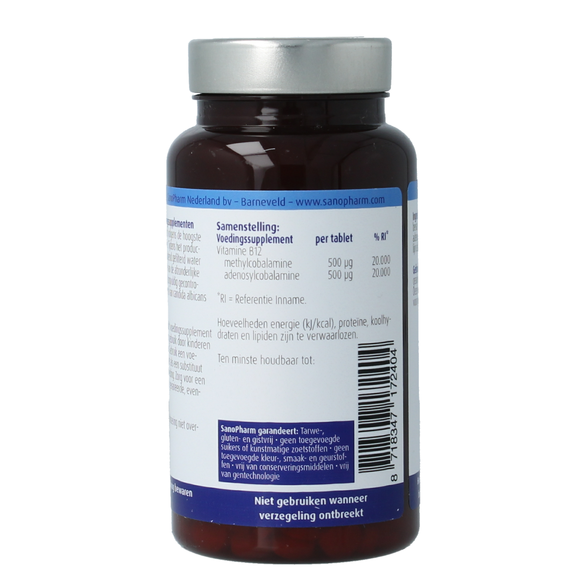 SanoPharm Vitamin B12 methyl adenosylcobalamin 500mcg chewable tablets, 60 count, close-up of supplement bottle and tablets.