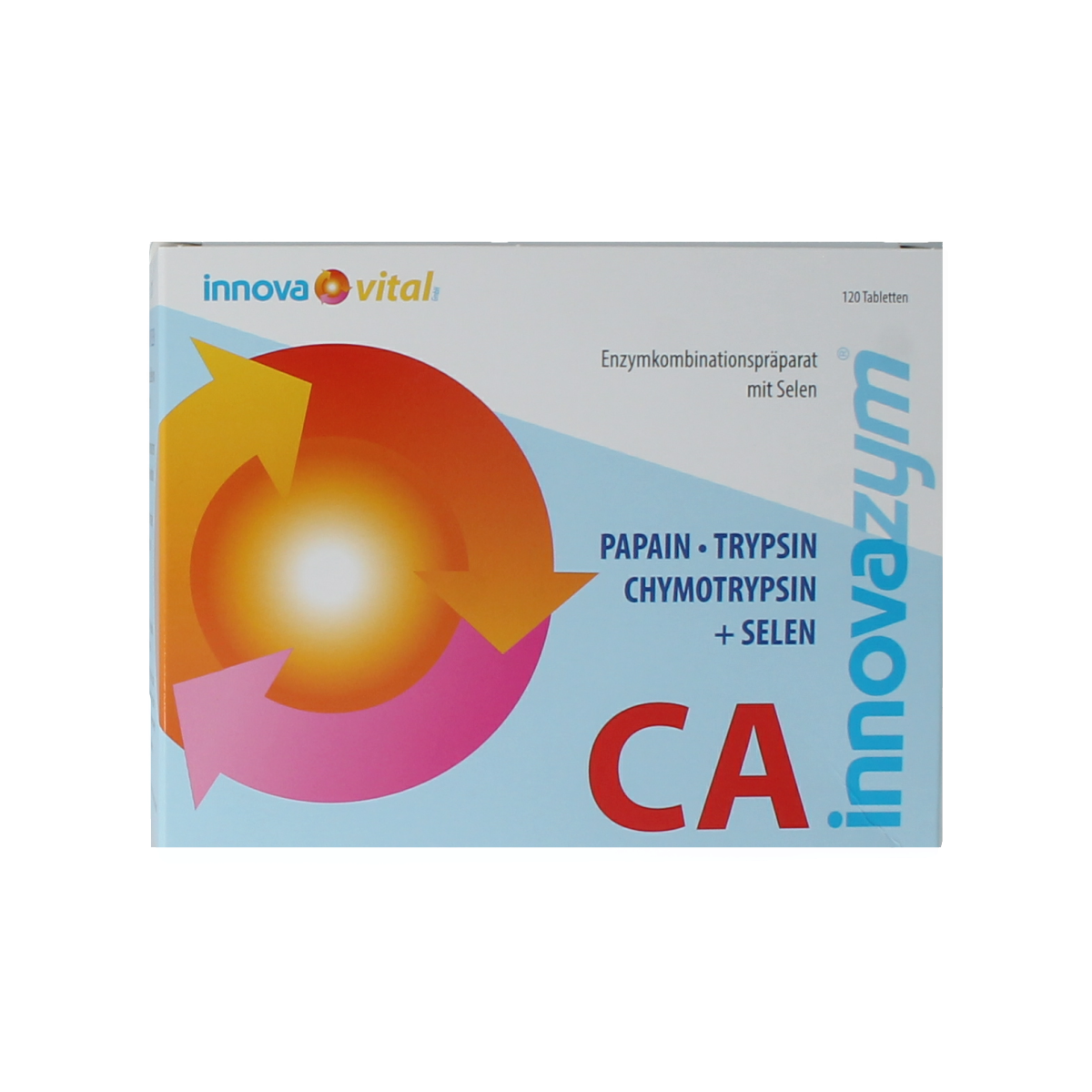 SanoPharm Innovazym CA 120 tablet container, supplement with fibers and enzymes for digestive support.