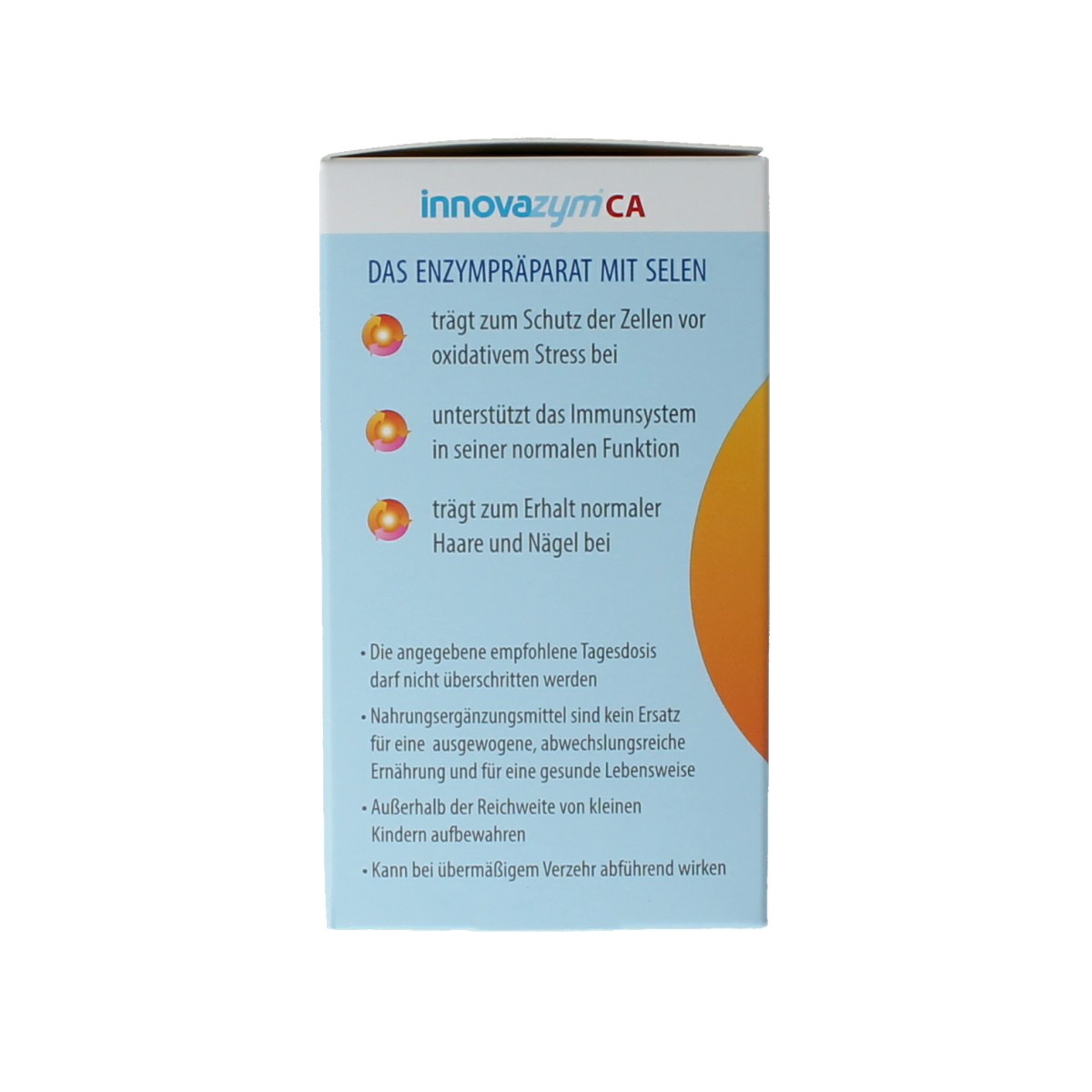 SanoPharm Innovazym CA 120 tablets, dietary fiber and enzyme supplement in a blister pack, designed to support digestion.