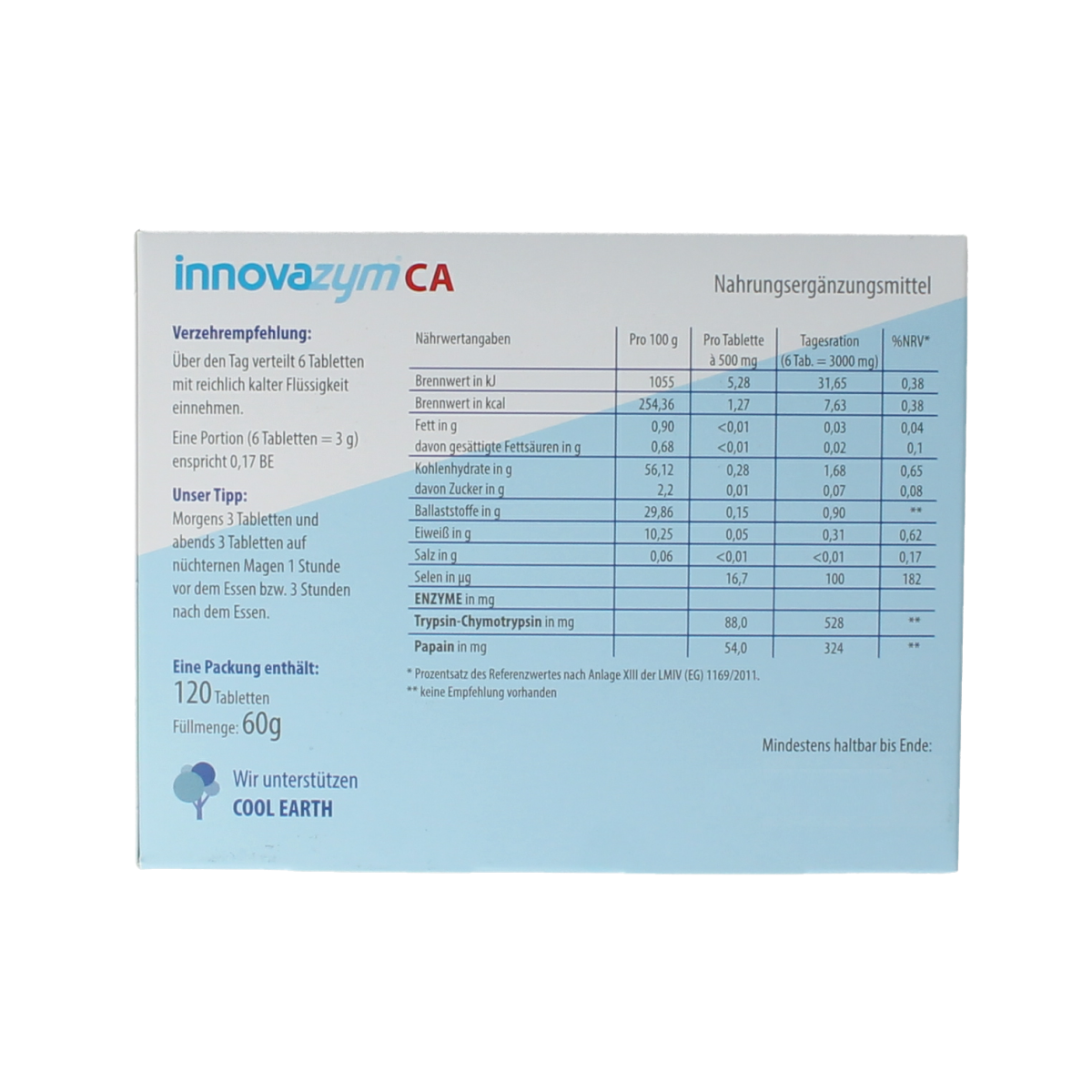 SanoPharm Innovazym CA 120 tablets, dietary fiber and enzyme supplement, shown in blister pack with tablets.