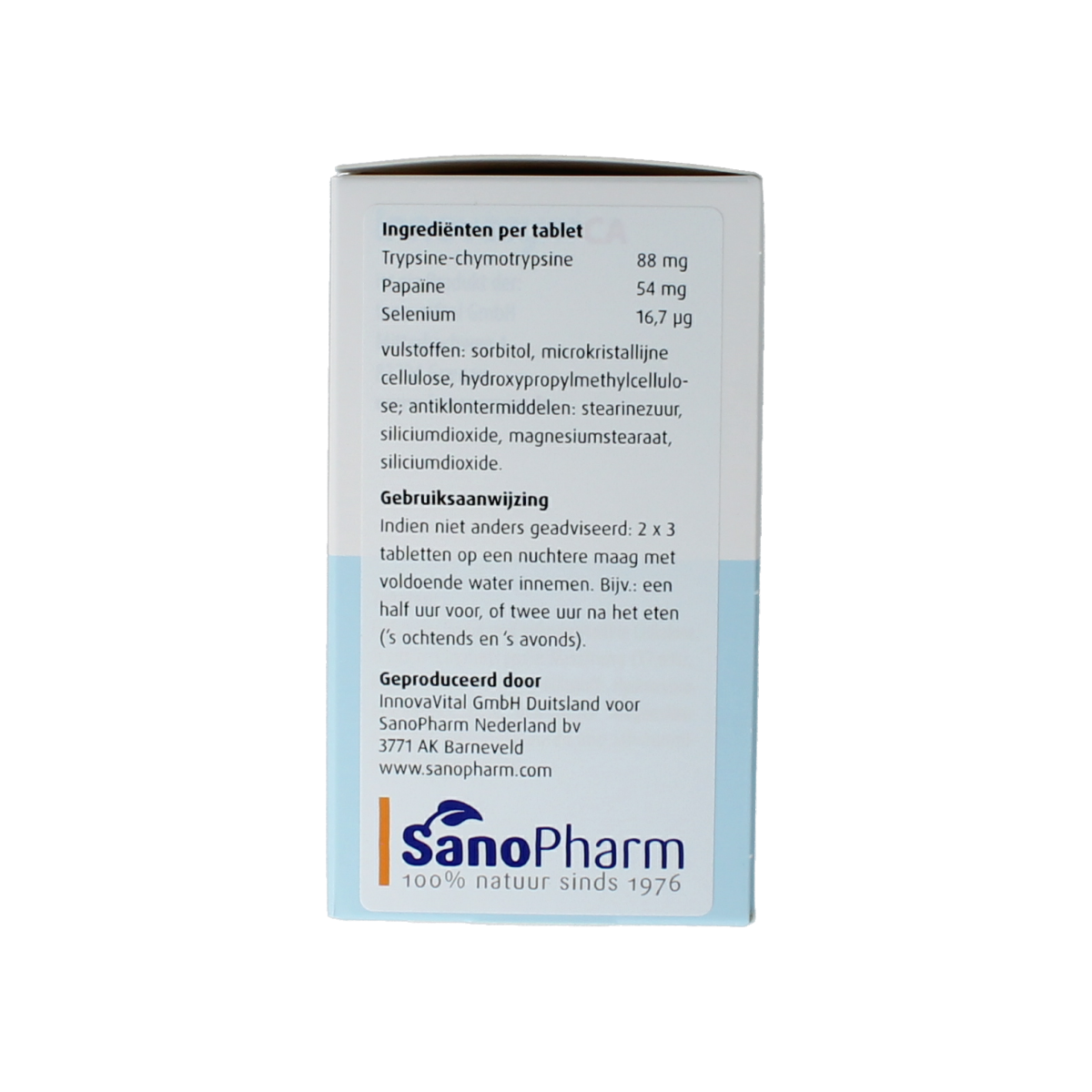SanoPharm Innovazym CA 120 tablets, dietary supplement with fibers and enzymes, shown in blister pack.